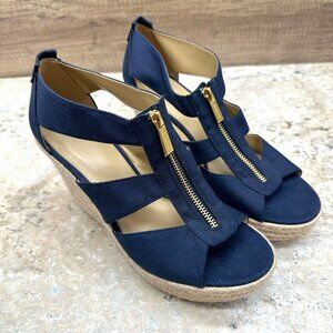 Michael Kors Wedge Sandals 8.5M Navy Blue Espadrille Zip Open Toe Canvas Shoes